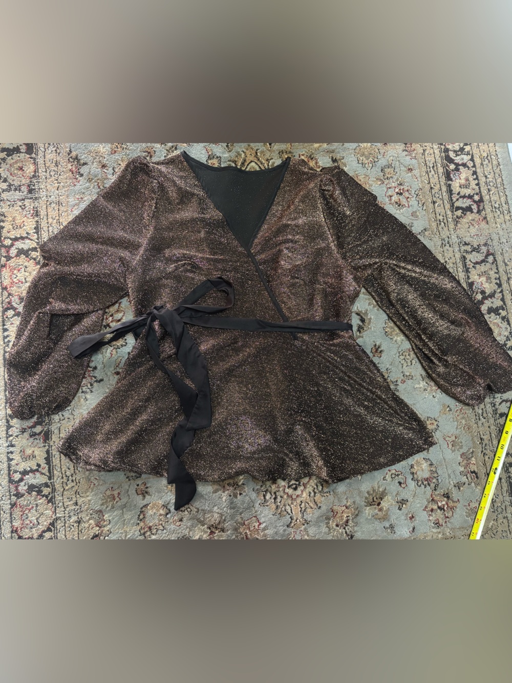 Gorgeous Sparkle Brown Wrap Top with Black Tie Waist